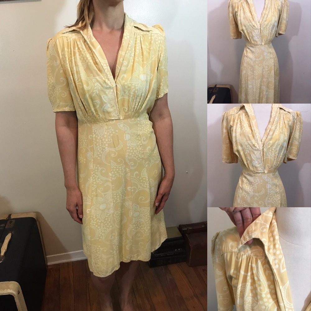 Vintage rayon 1940s butter yellow floral dress